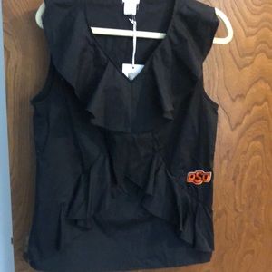 Women’s size XL fitted black ruffle Oklahoma State University logo blouse.